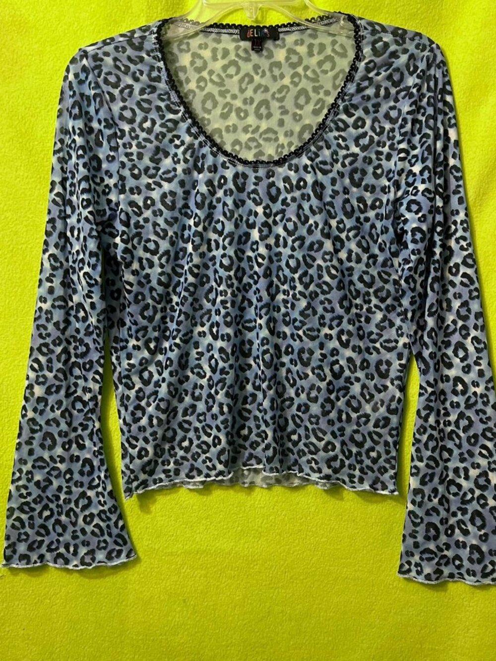 Dolls Kill Delia’s Plus Blue Cheetah Leopard Semi Sheer Mesh Top 1x Bell Sleeve